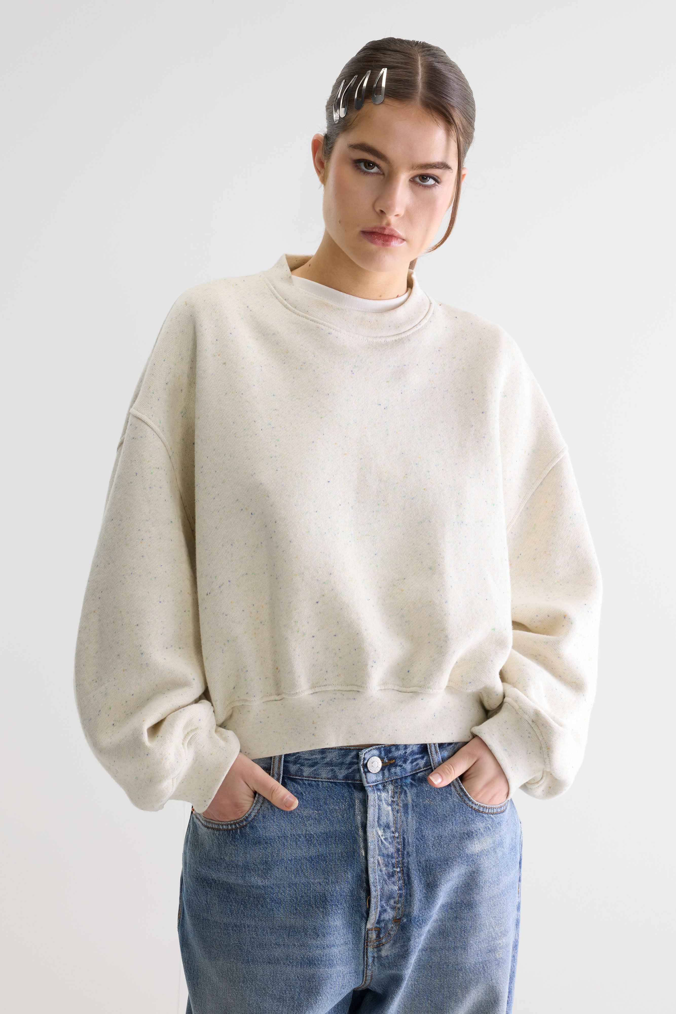 Fancy Cropped Crewneck Sweatshirt - Ecru / Fluo green / Royal blue For Women | Bellerose
