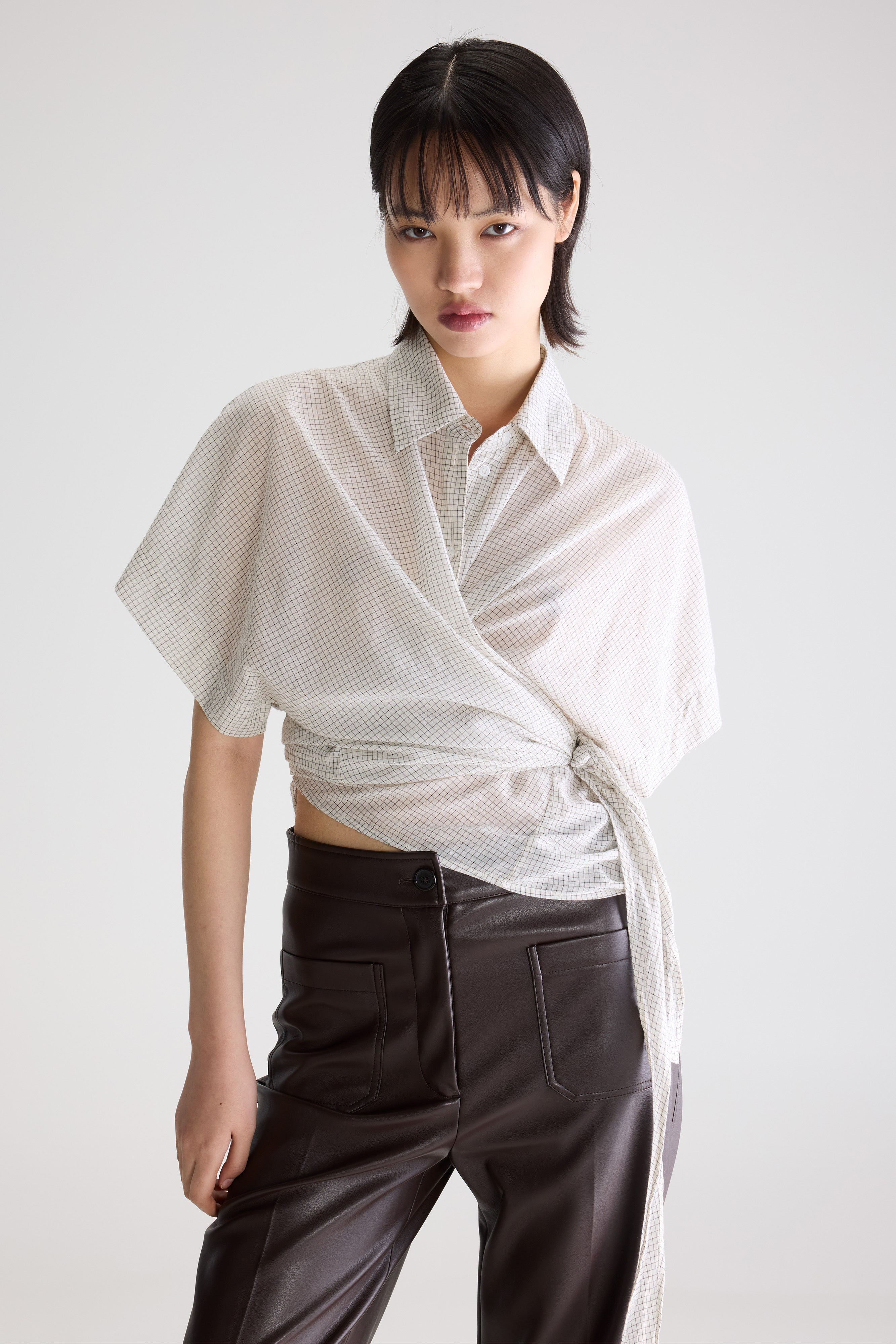 Coral tie-up blouse (261 / W / CHECK E)