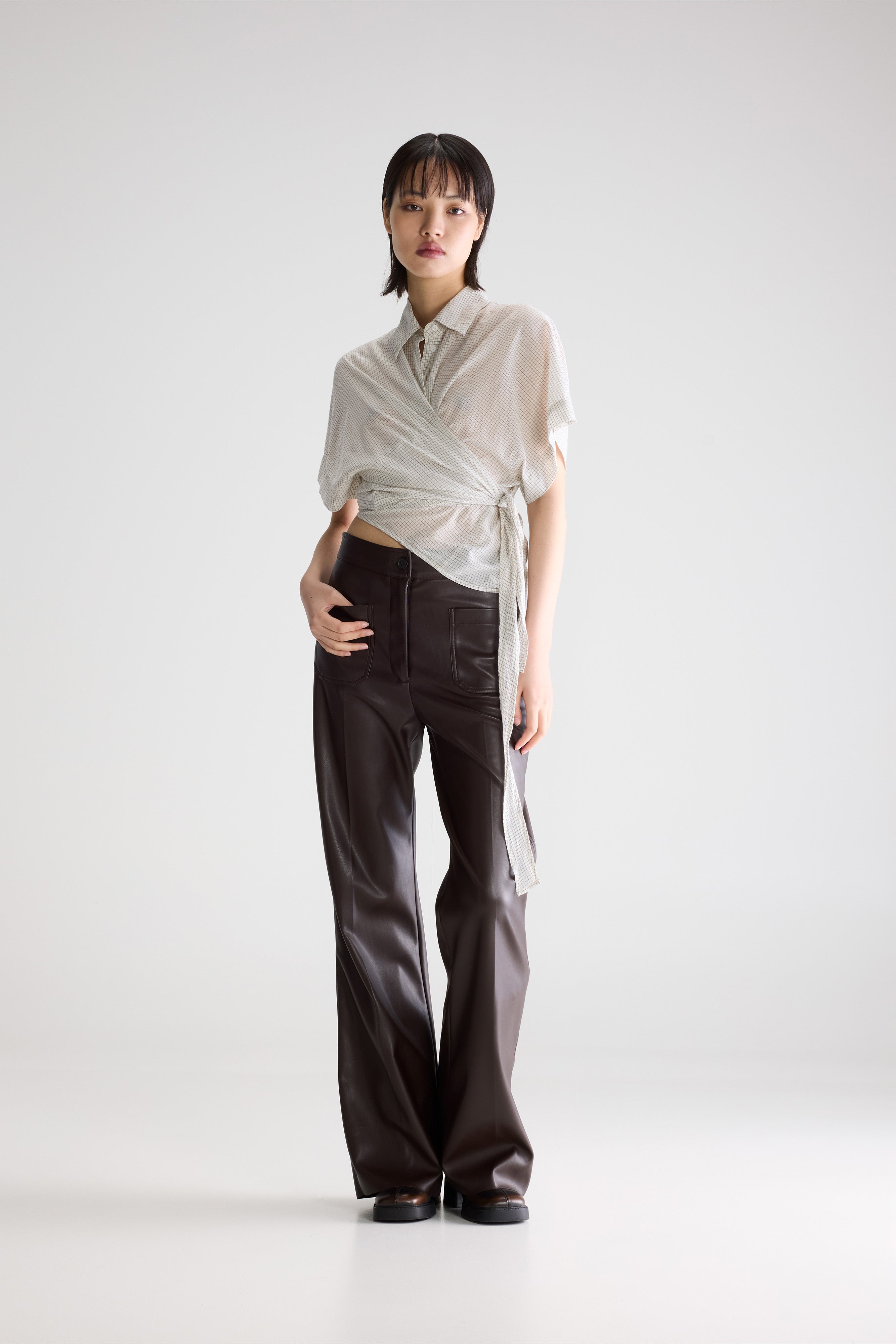 Coral tie-up blouse (261 / W / CHECK E)