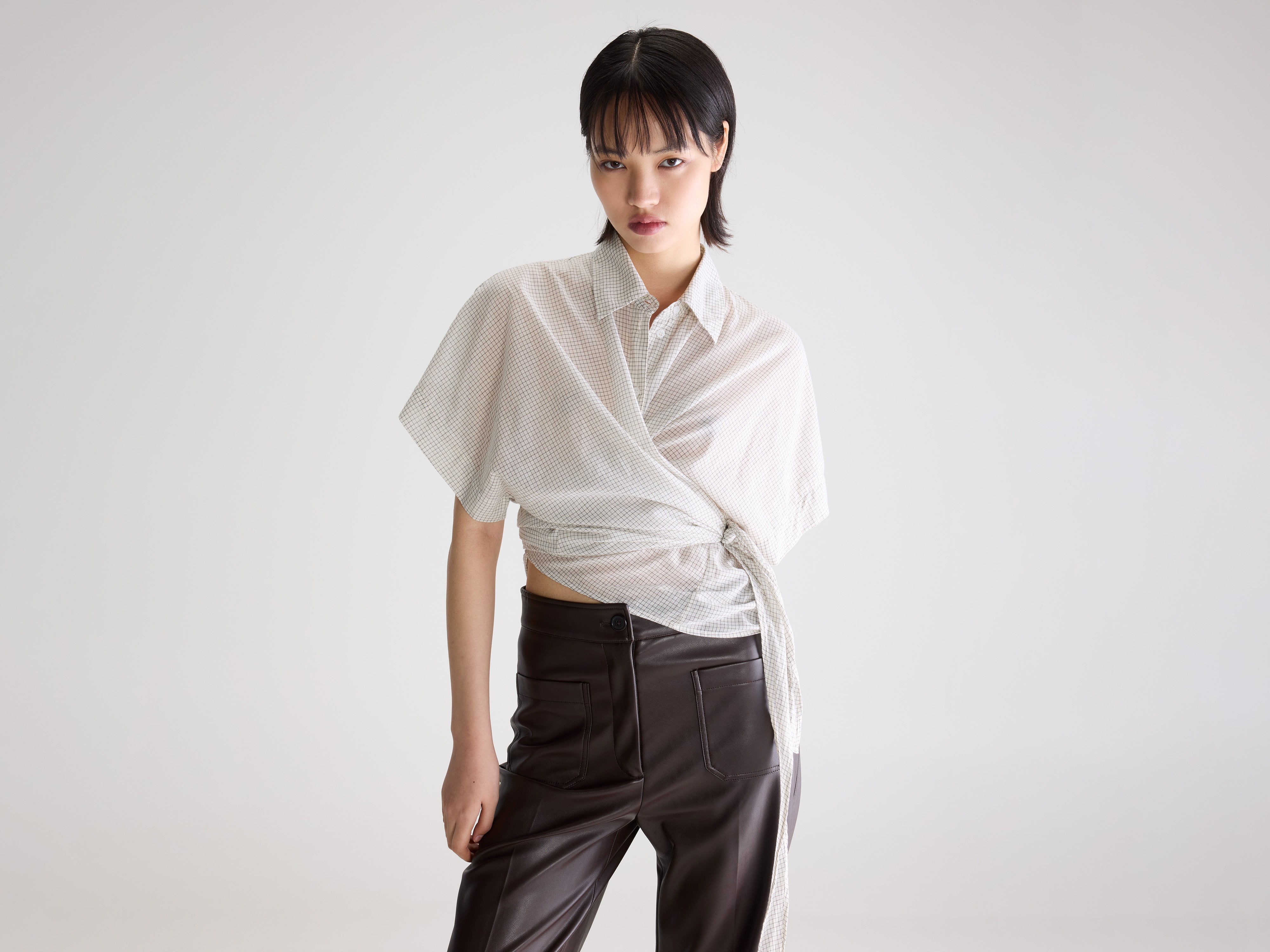 Coral tie-up blouse (261 / W / CHECK E)