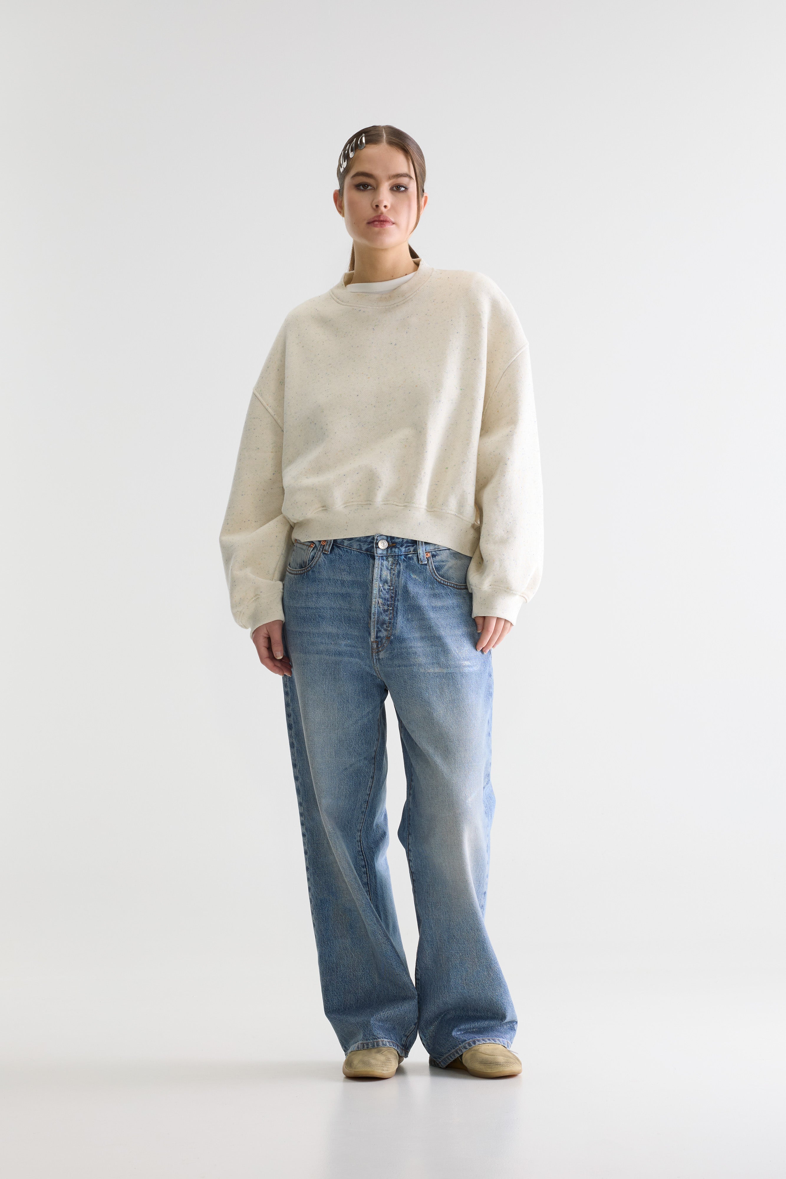 Fancy Cropped Crewneck Sweatshirt - Ecru / Fluo green / Royal blue For Women | Bellerose