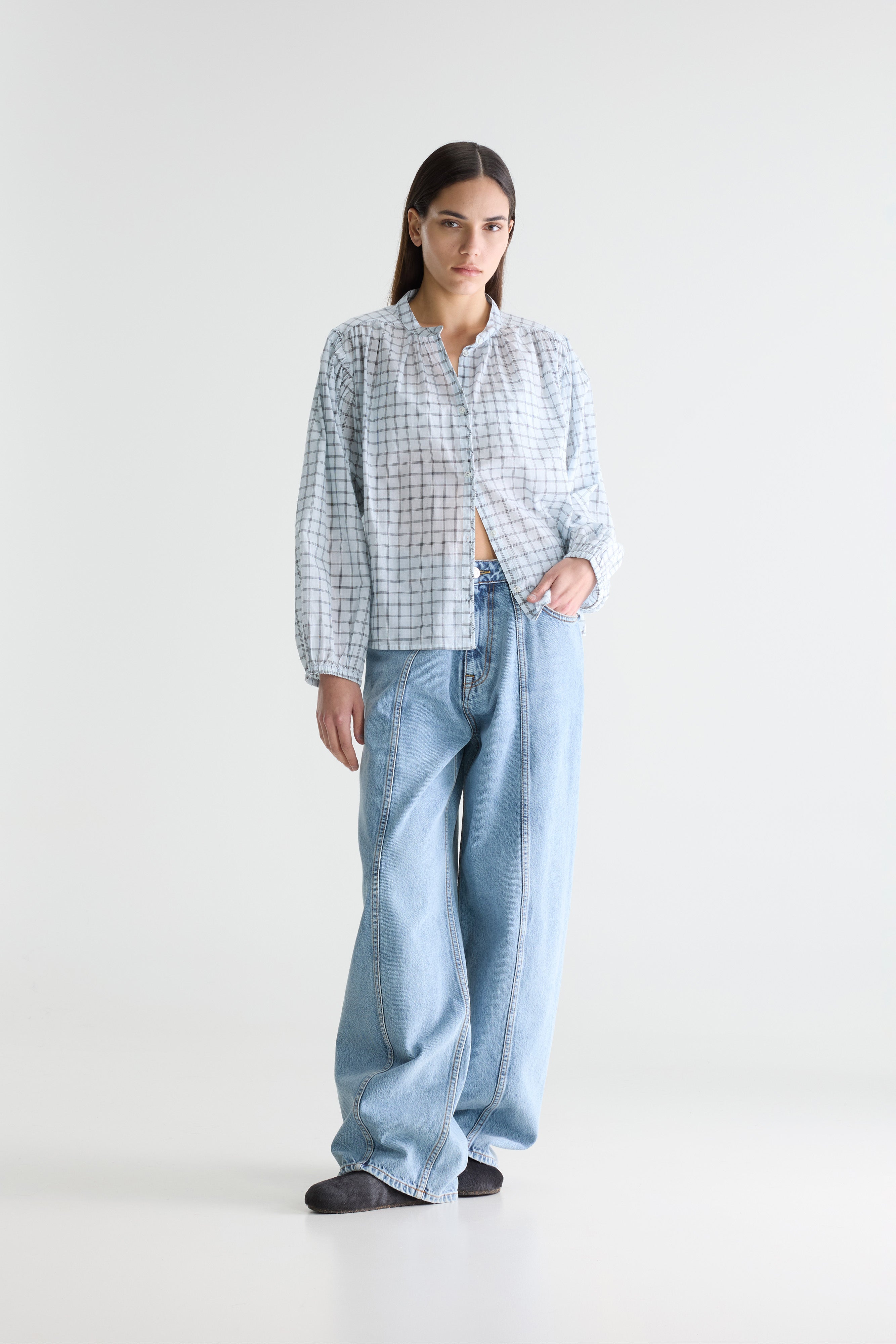 Cherry Checked Blouse - Agua verde / Black blue / White For Women | Bellerose