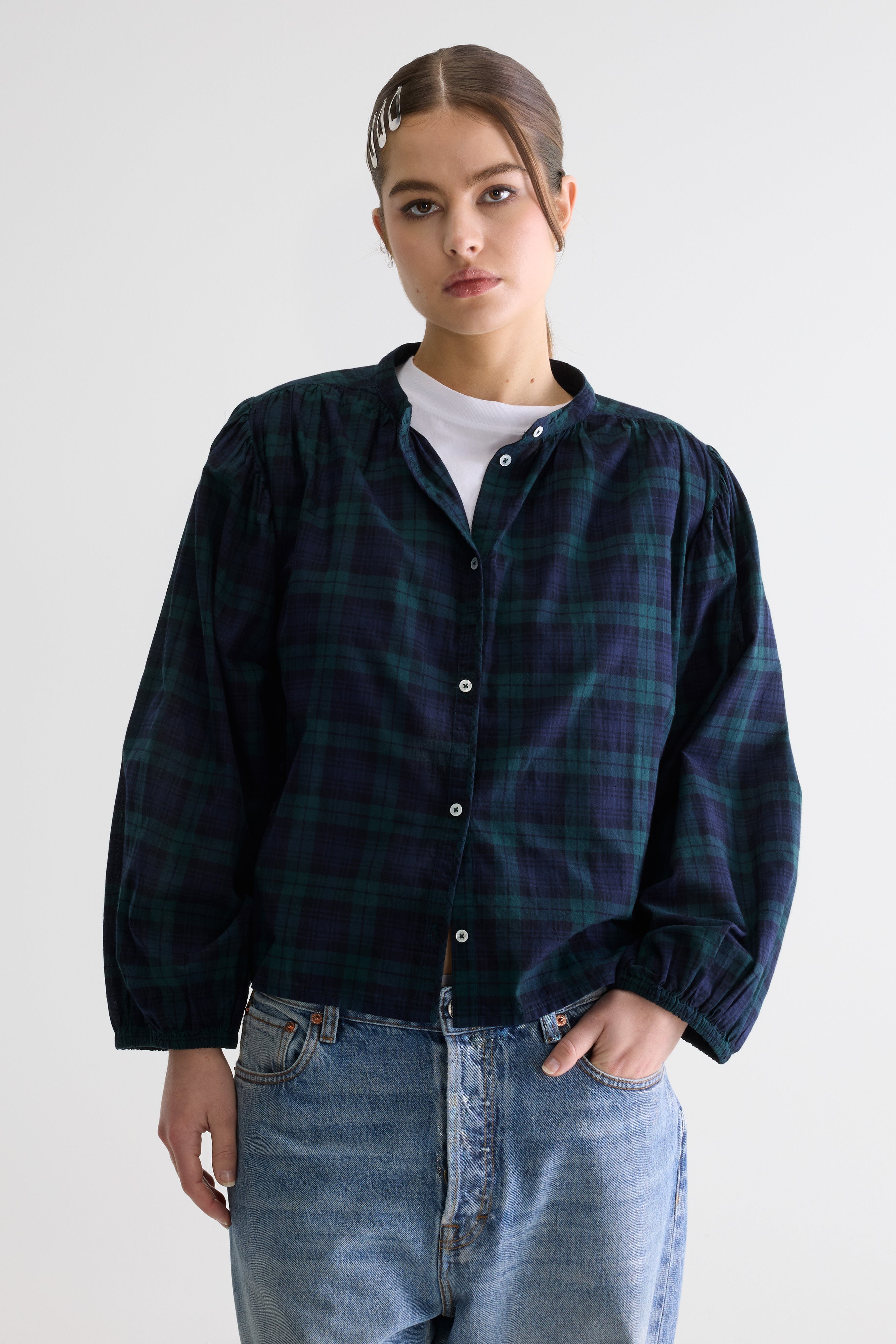 Cherry Checked Blouse - Black blue / Bottle / Worker For Women | Bellerose