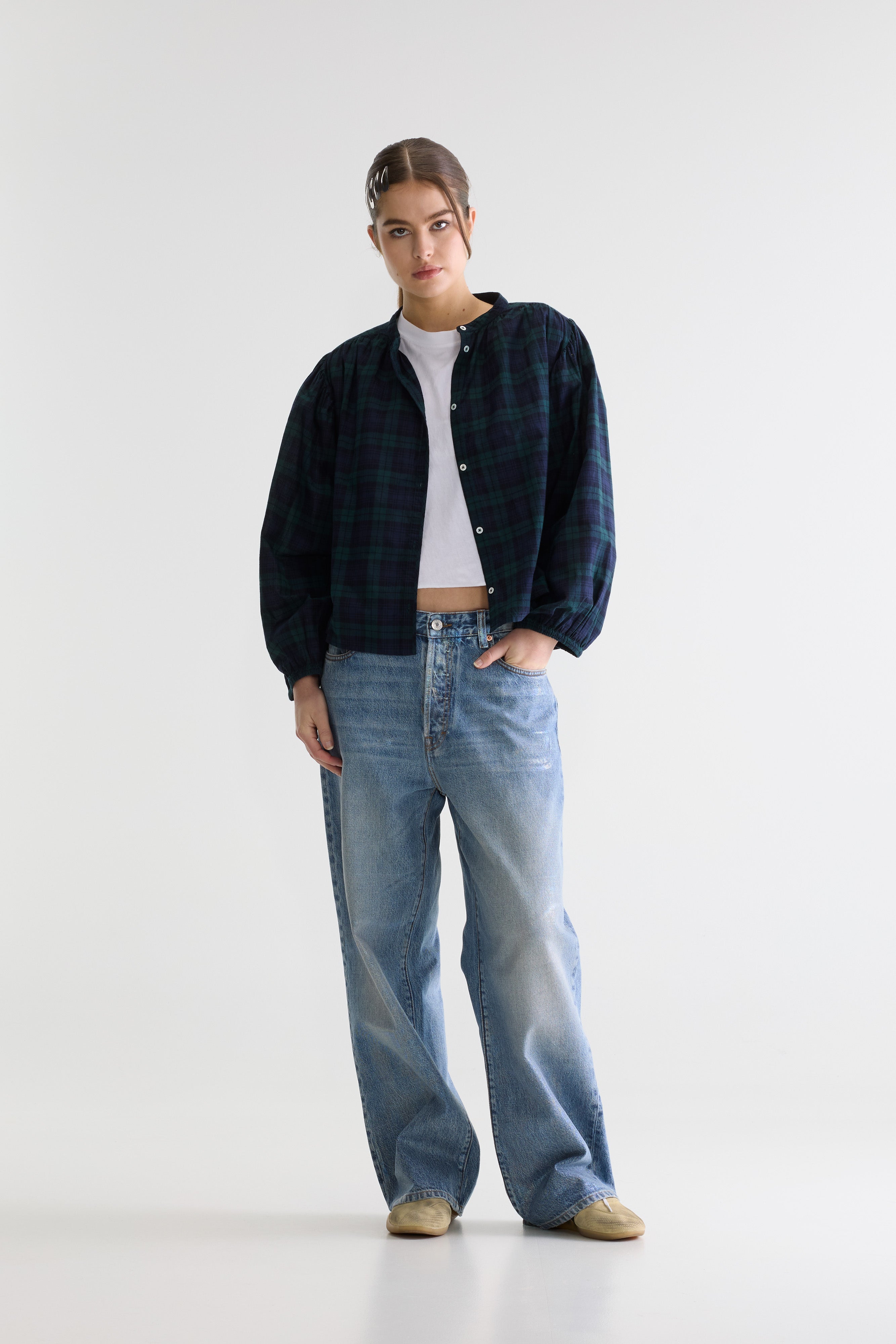 Cherry Checked Blouse - Black blue / Bottle / Worker For Women | Bellerose